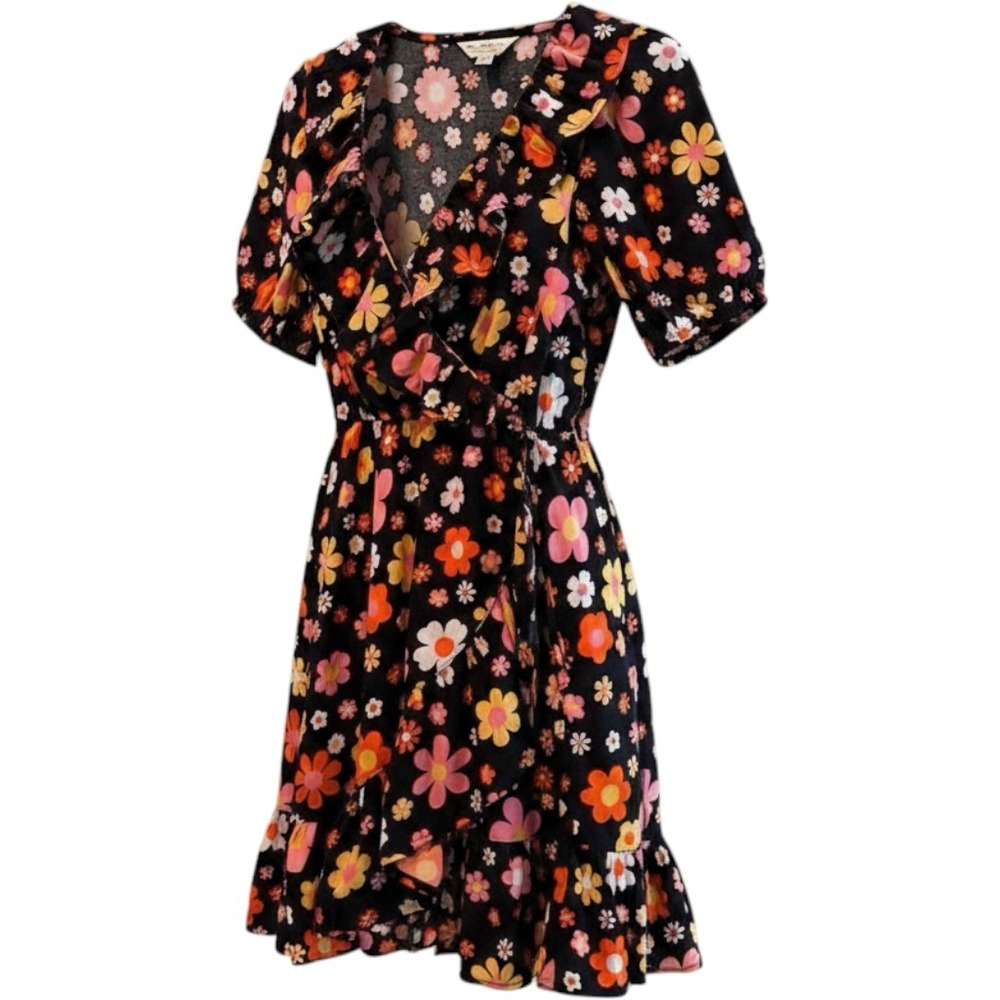 Miss Selfridge NWT Wrap Mini Dress Black Floral Ruffle Retro 70s Womens Size 4